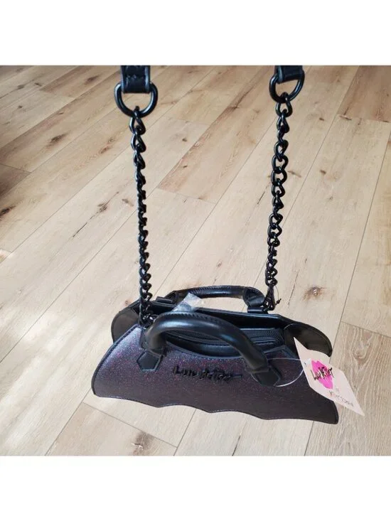 Luv Betsey Johnson Sparkle Bat Crossbody Black Bag Goth Witch Costume Halloween - Picture 11 of 12